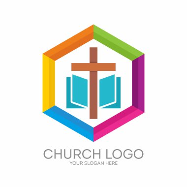 Kilise logosunu görmeniz gerekir. Hıristiyan sembolleri. Cross İsa'nın, İncil - Tanrı'nın kutsal kelime