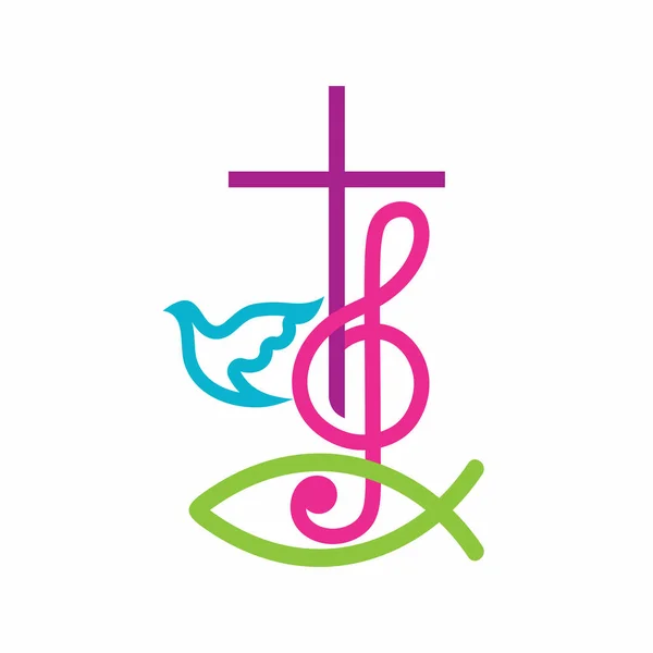 Kostel logo. Křesťanské symboly. Kříž Ježíš Kristus a houslový klíč jako symbol chvály a uctívání Boha — Stockový vektor