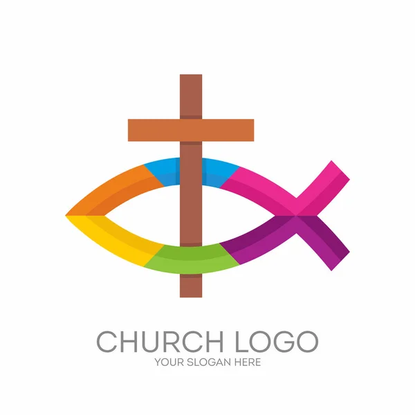 Logo van de kerk. Christelijke symbolen. Het Kruis van Jezus en het christelijke teken van de vis — Stockvector