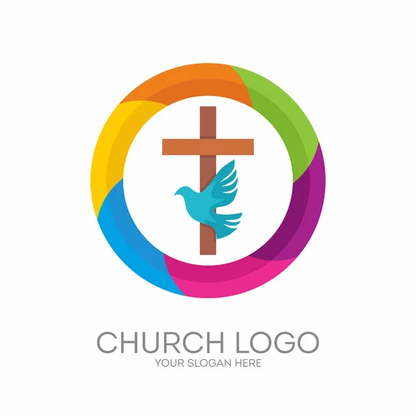 Logotipo da igreja. Símbolos cristãos. A Cruz de Jesus, o Espírito Santo - Pomba . — Vetor de Stock