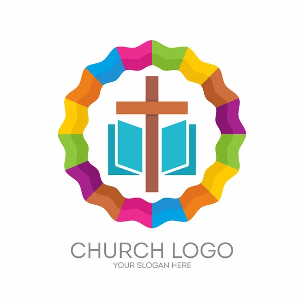 Logotipo da igreja. Símbolos cristãos. A Cruz de Jesus, a Bíblia - Palavra Sagrada de Deus —  Vetores de Stock