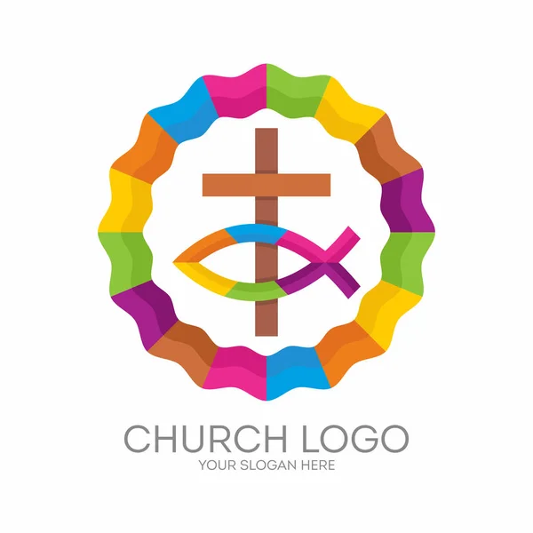 Logotipo da igreja. Símbolos cristãos. A cruz de Jesus e o sinal cristão do peixe — Vetor de Stock