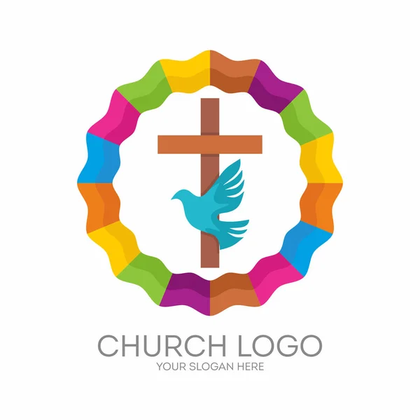 Church logo. Christian symbols. The Cross of Jesus, the Holy Spirit - Dove. — Stock Vector