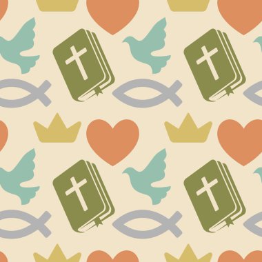 Hıristiyan sembolleri ile renkli seamless modeli. İncil, kilise ve dini öğeleri.