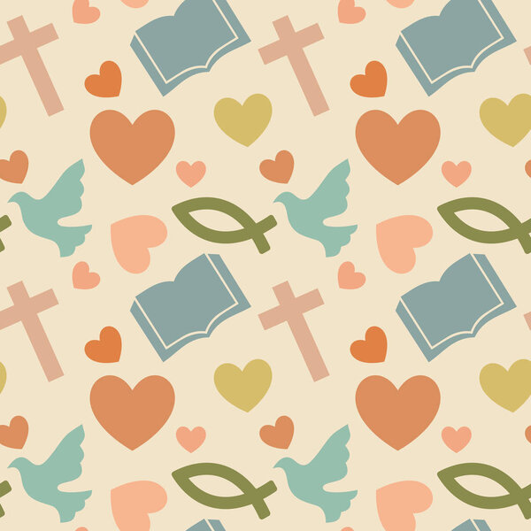 Colorful seamless pattern with Christian symbols. Bible, church and religious elements.