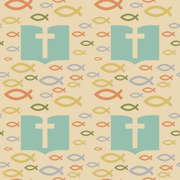 Hıristiyan sembolleri ile renkli seamless modeli. İncil, kilise ve dini öğeleri. — Stok Vektör