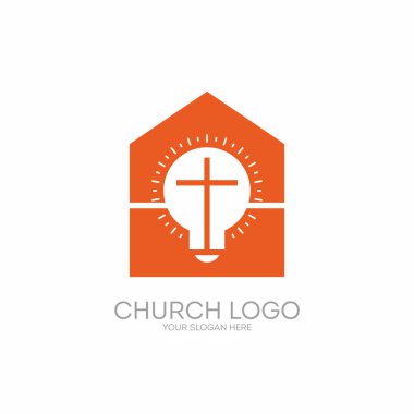 Kilise logosunu görmeniz gerekir. Hıristiyan sembolleri. House, lamba ve Parlatıcı ışınları İsa Mesih'in haç.
