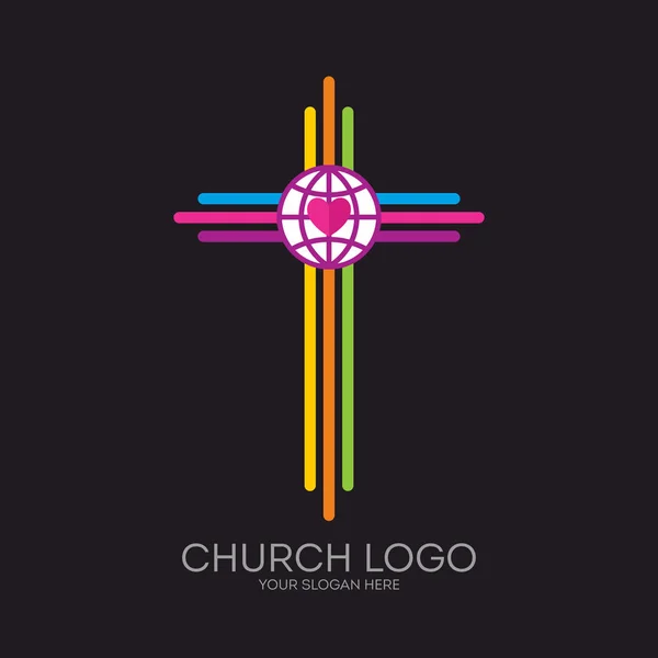 Kostel logo. Křesťanské symboly. Kříž Ježíš, vícebarevné pruhy, zeměkoule a srdce. — Stockový vektor