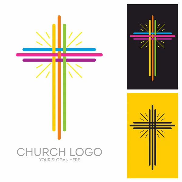 Logo della Chiesa. Simboli cristiani. La croce di Gesù, strisce multicolori e raggi incandescenti . — Vettoriale Stock