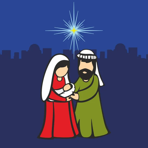 Noel sahne. Mary ve Joseph ile bebek İsa. Bethlehem ve yıldız fonunda. — Stok Vektör