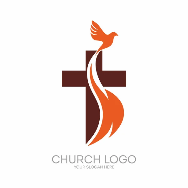 Church logo. Christian symbols. The Cross of Jesus, the fire of the Holy Spirit and the dove. — Stock Vector