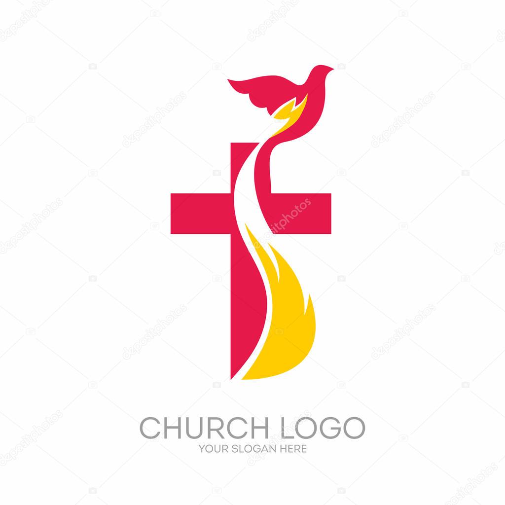 Church logo. Christian symbols. The Cross of Jesus, the fire of the Holy Spirit and the dove.