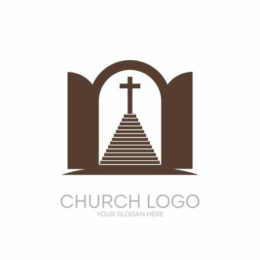 Kilise logosunu görmeniz gerekir. Hıristiyan sembolleri. Açık kapı ve merdiven Rabbimiz ve Kurtarıcımız İsa Mesih'in Haç için.