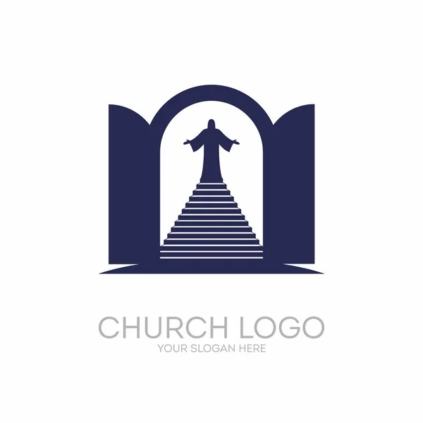 Logotipo da igreja. Símbolos cristãos. Abra a porta e a escada que conduz ao Senhor e Salvador Jesus Cristo . —  Vetores de Stock