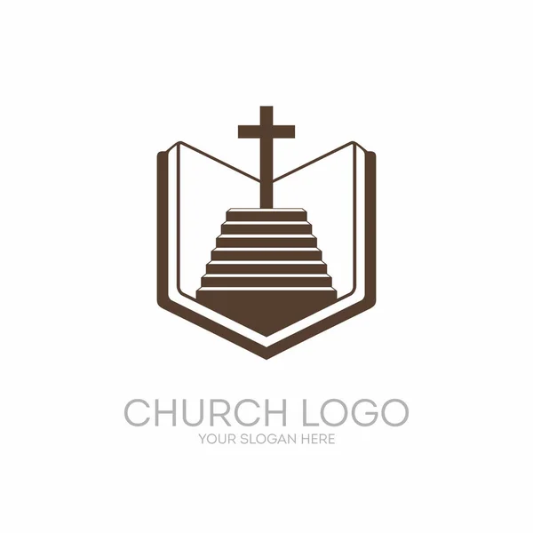 Logotipo da igreja. Símbolos cristãos. Bíblia, Sagrada Escritura, a escada que conduz ao Senhor e Salvador Jesus Cristo, na cruz no Calvário . —  Vetores de Stock