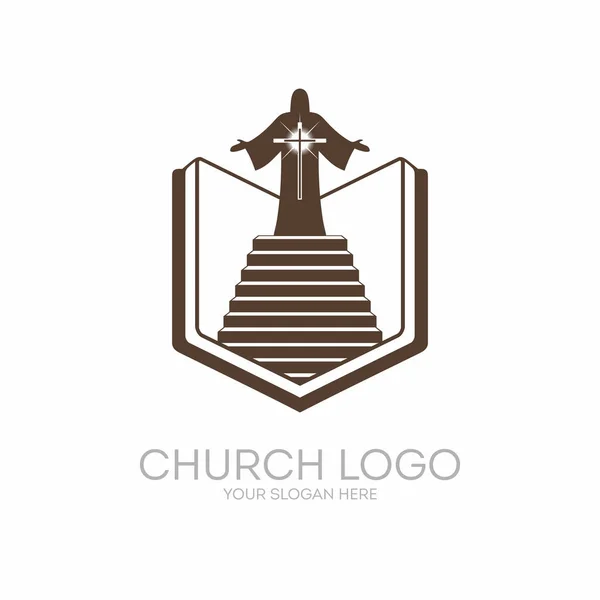 Church logo. Christian symbols. Bible, Holy Scripture, the staircase leading to the Lord and Savior Jesus Christ, on the cross at Calvary. — Stock Vector