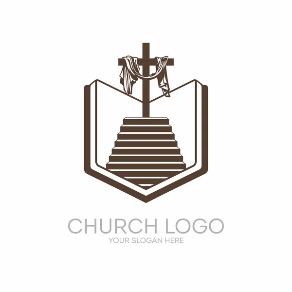 Logo de la iglesia. Símbolos cristianos. La Biblia, la Sagrada Escritura, la escalera que conduce al Señor y Salvador Jesucristo, en la cruz en el Calvario . — Archivo Imágenes Vectoriales