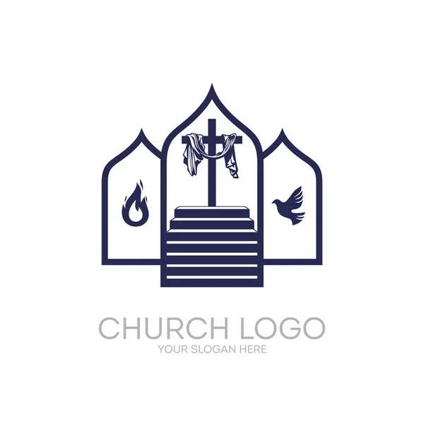 Logo van de kerk. Christelijke symbolen. Trap naar het Kruis van Jezus Christus, de Heilige Geest als een duif en vlammen. — Stockvector