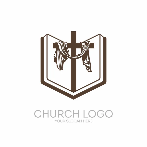 Logo de la iglesia. Símbolos cristianos. La Biblia, la Sagrada Escritura, la cruz de Jesucristo . — Archivo Imágenes Vectoriales
