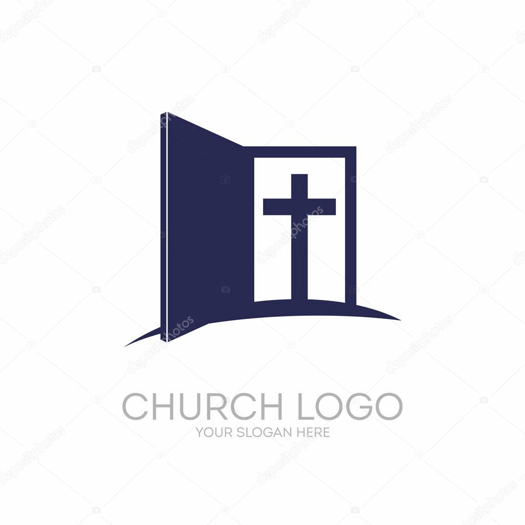 Church logo. Christian symbols. Open the door and the staircase leading to the cross of the Lord and Savior Jesus Christ.
