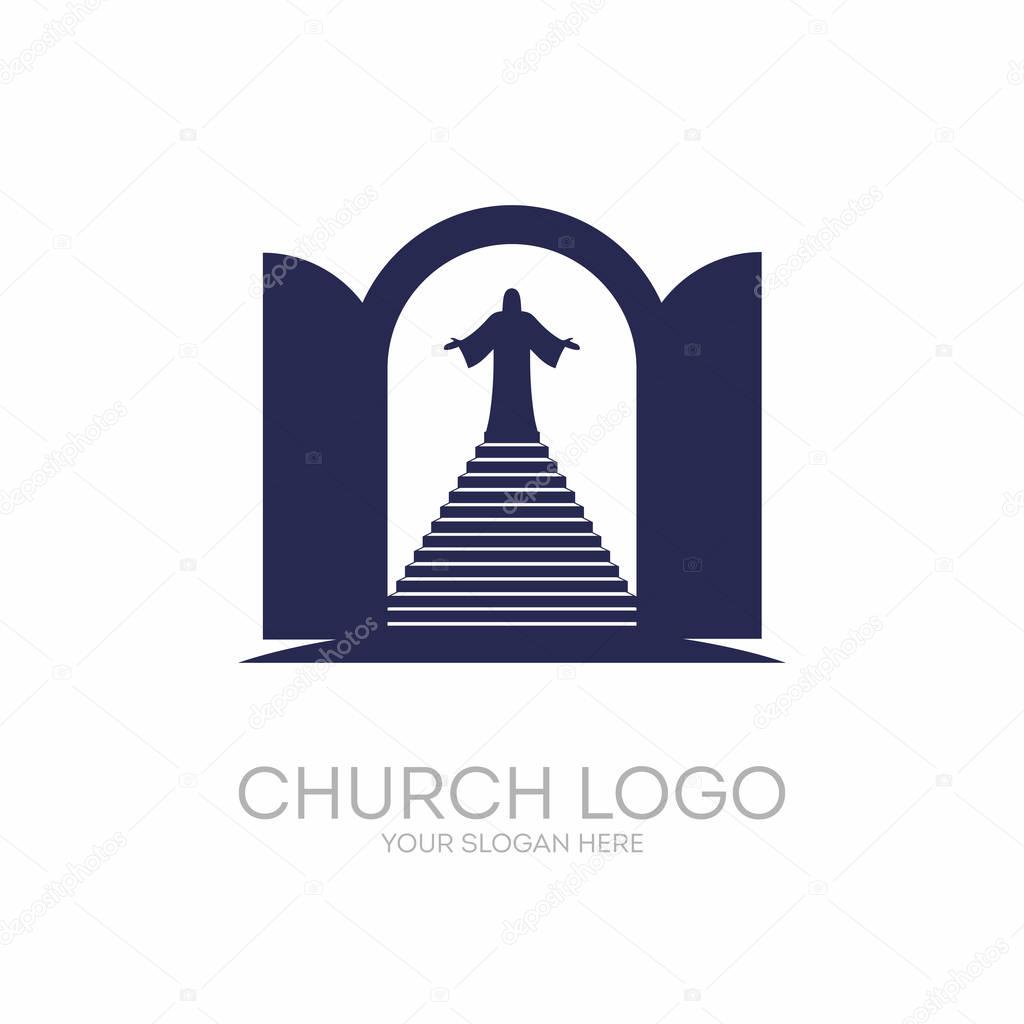 Church logo. Christian symbols. Open the door and the staircase leading to the Lord and Savior Jesus Christ.