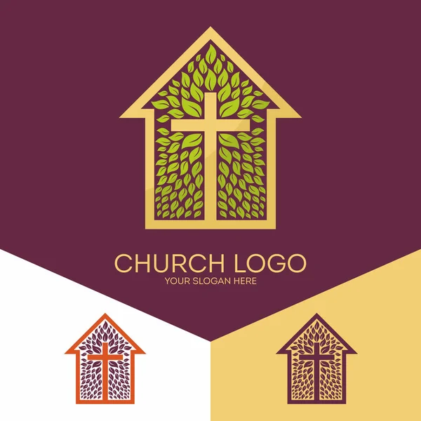 Logo de l'église. Des symboles chrétiens. La croix de Jésus-Christ et l'église qui fleurit — Image vectorielle