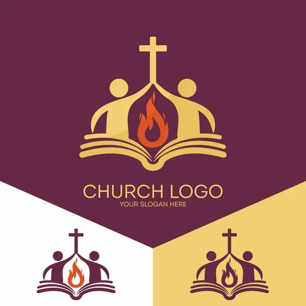 Logotipo da igreja. Símbolos cristãos. A igreja é baseada na base bíblica e na chama do Espírito Santo, a adoração de Deus . —  Vetores de Stock