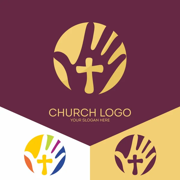 교회 로고입니다. 기독교 기호입니다. 주 님, 예 수 그리스도의 거룩한 희생의 손. — 스톡 벡터