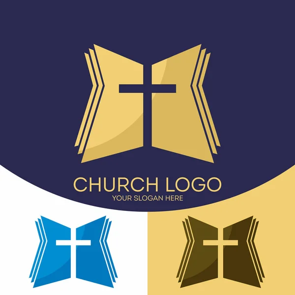 Logotipo da igreja. Símbolos cristãos. A cruz de Jesus Cristo e a Bíblia Sagrada . — Vetor de Stock