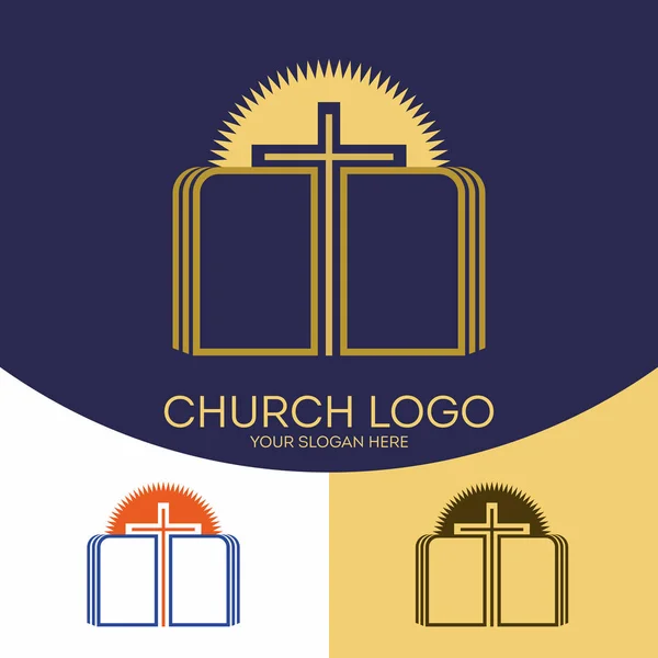Logotipo da igreja. Símbolos cristãos. Sagrada Escritura, a Bíblia, a cruz de Jesus Cristo e o sol . — Vetor de Stock