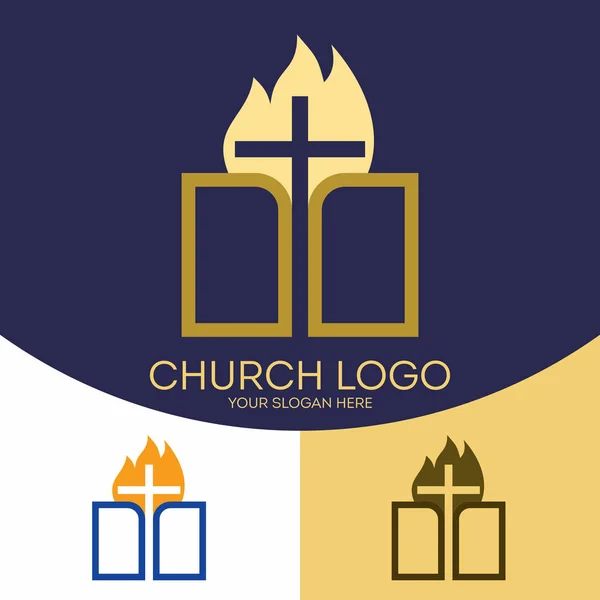 Logo van de kerk. Christelijke symbolen. Heilige Schrift, de Bijbel, het Kruis van Jezus Christus en de zon. — Stockvector