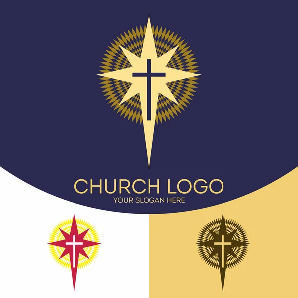 Logo van de kerk. Christelijke symbolen. Het Kruis van Jezus Christus en de ster van Bethlehem. — Stockvector