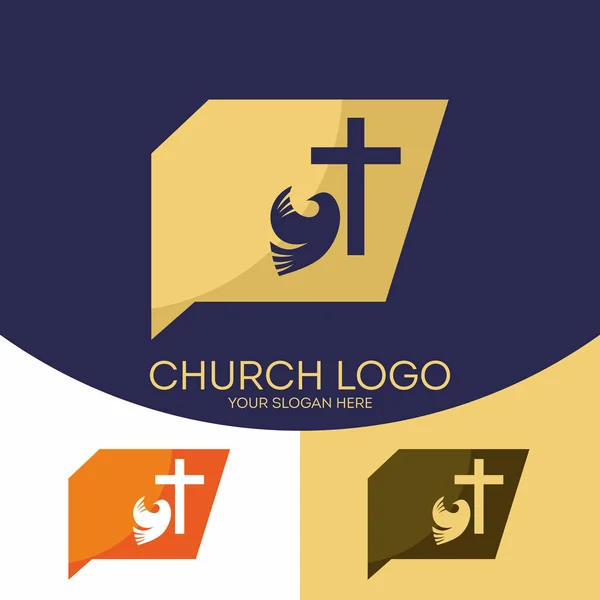 Logo Kościoła. Symboli chrześcijańskich. Sylwetka Krzyż Jezusa Chrystusa i Gołębica Ducha Świętego. — Wektor stockowy