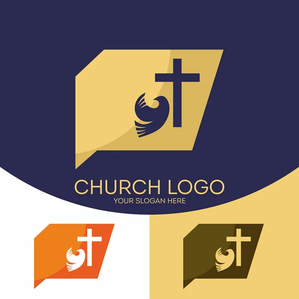 Kirchenlogo. Christliche Symbole. Silhouette des Kreuzes von Jesus Christus und der Taube des Heiligen Geistes. — Stockvektor