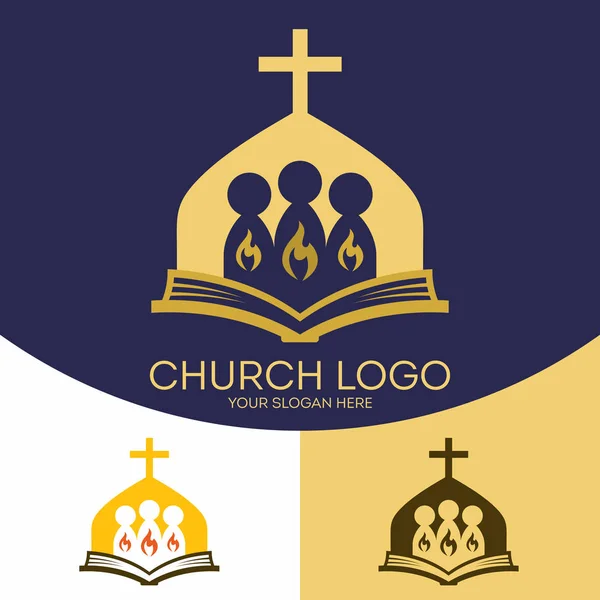 Templom logó. Keresztény szimbólumokkal. A szentek az Úr Jézus Krisztus nevében, a Szent Szellem égő láng találkozója. — Stock Vector