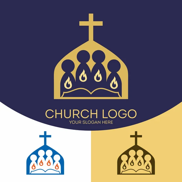 Logo gereja. Simbol Kristen. Berkumpullah orang-orang kudus atas nama Tuhan Yesus Kristus, Roh Kudus membakar api . - Stok Vektor