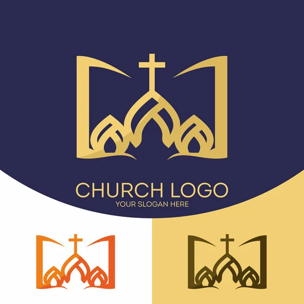 Logotipo da igreja. Símbolos cristãos. A cruz de Jesus Cristo e as Sagradas Escrituras . — Vetor de Stock