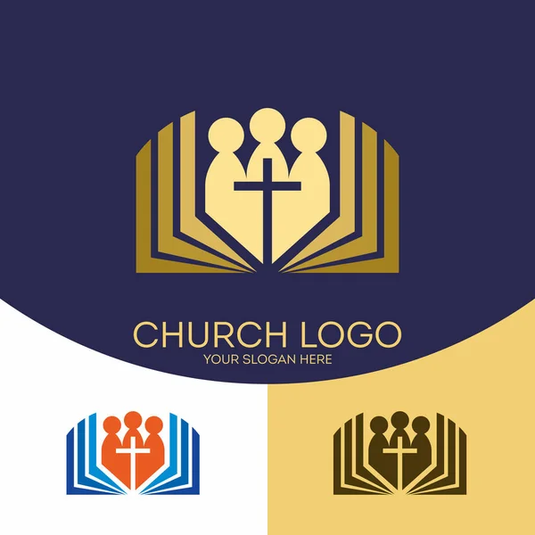 Logo gereja. Simbol Kristen. Simbol Kristen. Percaya pada Tuhan Yesus Kristus dan Alkitab . - Stok Vektor