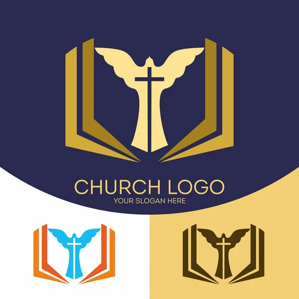 Logo de la iglesia. Símbolos cristianos. La cruz de Jesucristo, la Biblia y el Espíritu Santo, la paloma . — Vector de stock