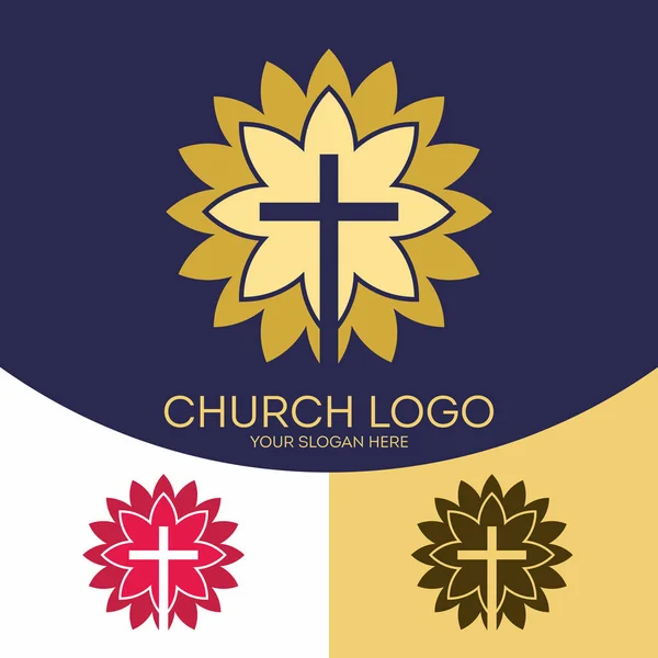 Logo della Chiesa. Simboli cristiani. La croce di Gesù Cristo nello splendore della gloria di Dio — Vettoriale Stock