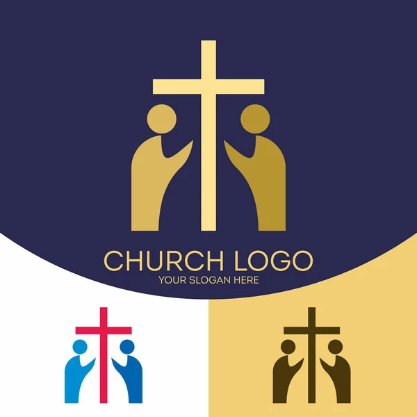 Logo de l'église. Des symboles chrétiens. La croix de Jésus-Christ et le peuple qui adore Dieu — Image vectorielle