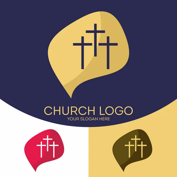 Logo de la iglesia. Símbolos cristianos. Tres cruces — Vector de stock