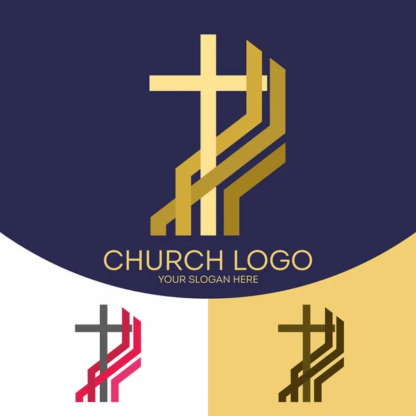 Logo della Chiesa. Simboli cristiani. La croce di Gesù Cristo e gli elementi grafici — Vettoriale Stock