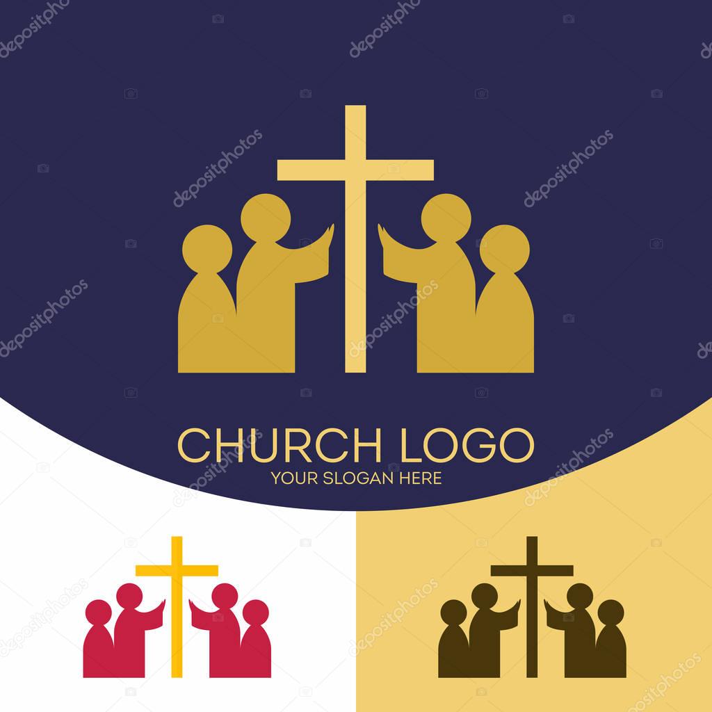 Church logo. Christian symbols. The cross of Jesus Christ and the people who worship God