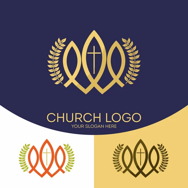 Logo Kościoła. Symboli chrześcijańskich. Krzyż Jezusa Chrystusa i ryba - symbol Zbawiciela. — Wektor stockowy