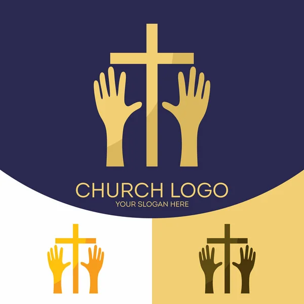 Logo van de kerk. Christelijke symbolen. Het Kruis van Jezus Christus, de handen die de heer aanbidden en verheerlijken de Verlosser. — Stockvector