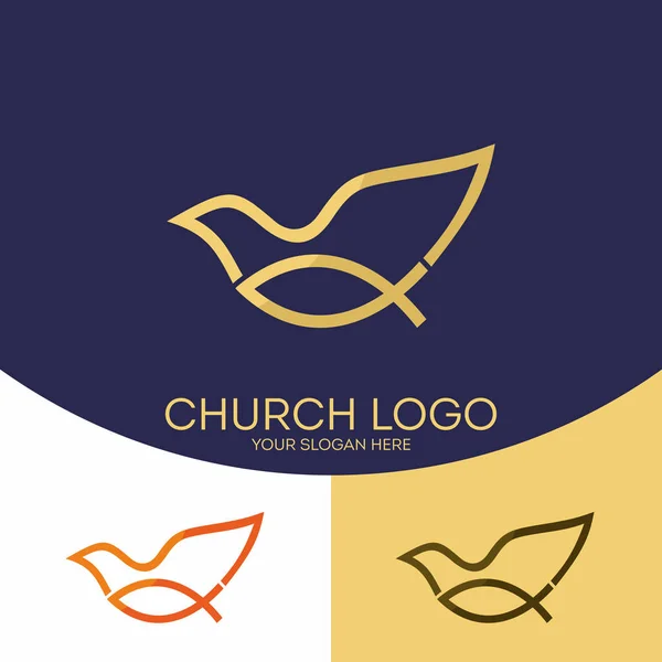 Logotipo da igreja. Símbolos cristãos. Peixe - símbolo de Jesus, uma pomba - o Espírito Santo —  Vetores de Stock