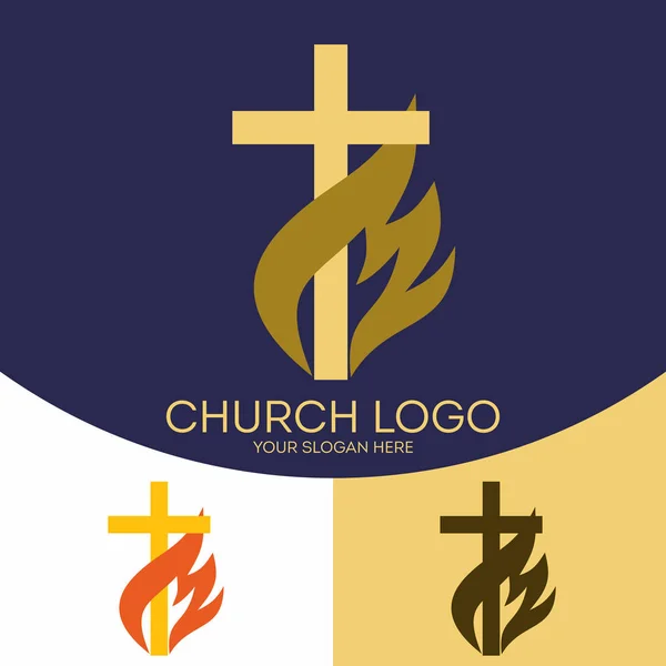 Church logo. Christian symbols.  The cross of Jesus Christ, the flame - a symbol of the Holy Spirit.