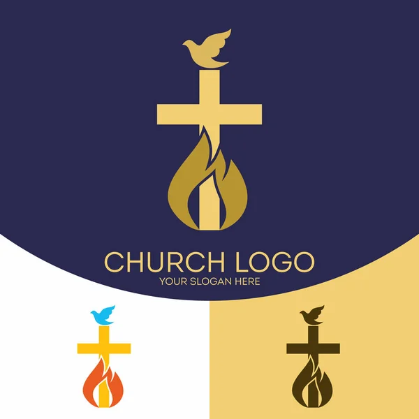 Logo de la iglesia. Símbolos cristianos. La cruz de Jesucristo, y la llama de una paloma - los símbolos del Espíritu Santo . — Vector de stock