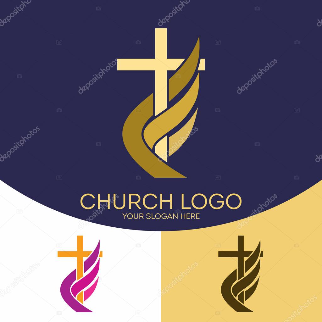 Church logo. Christian symbols.  The cross of Jesus Christ, the flame - a symbol of the Holy Spirit.